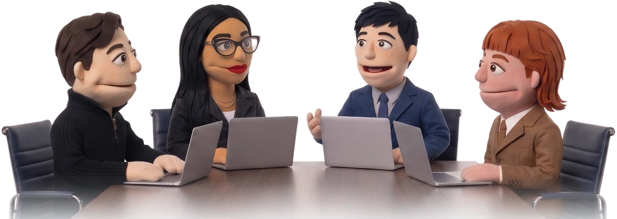 A team of AI agents collaborating around a table with their laptops